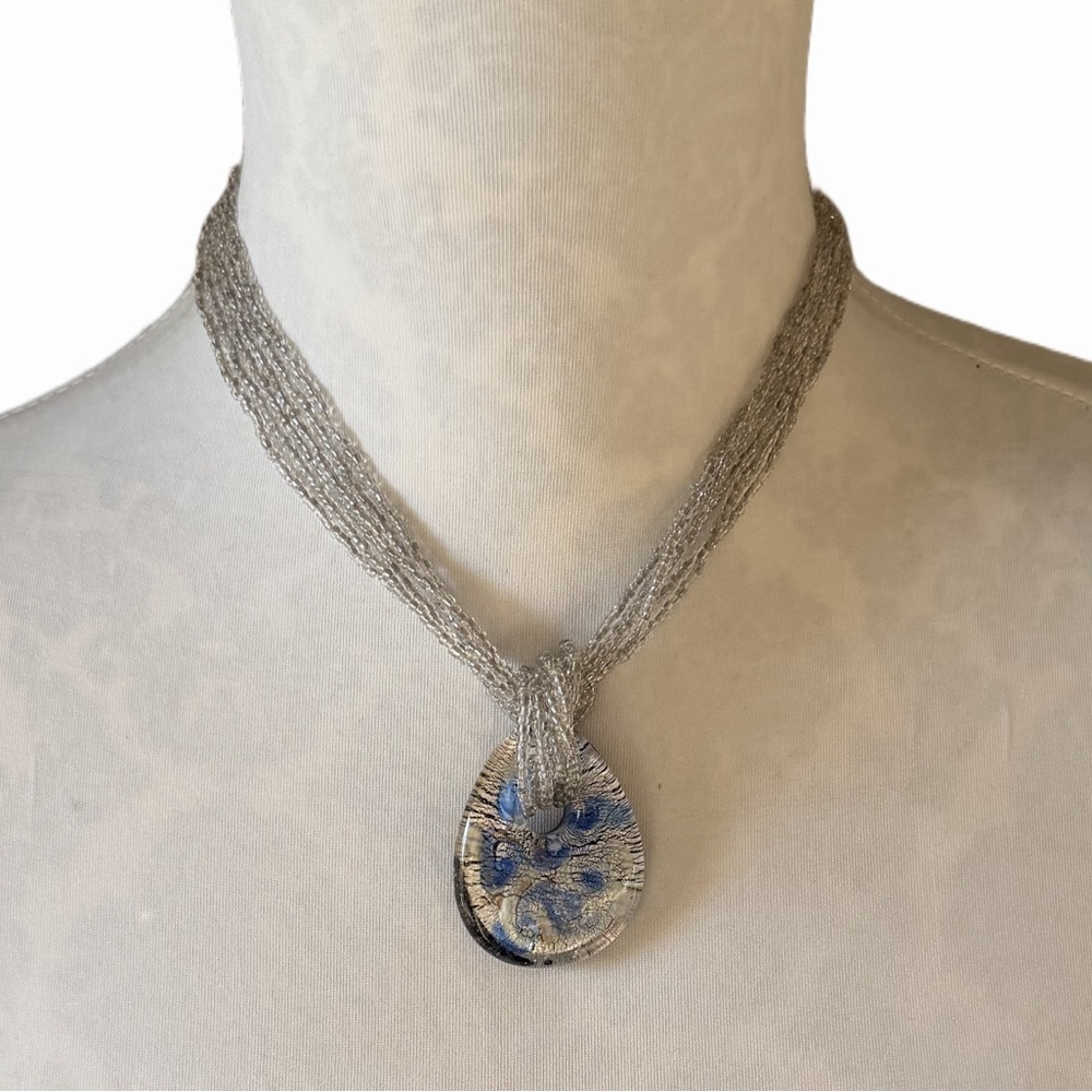 Blue & Silver Art Glass Pendant Necklace with Multi-Strand Seed Beads